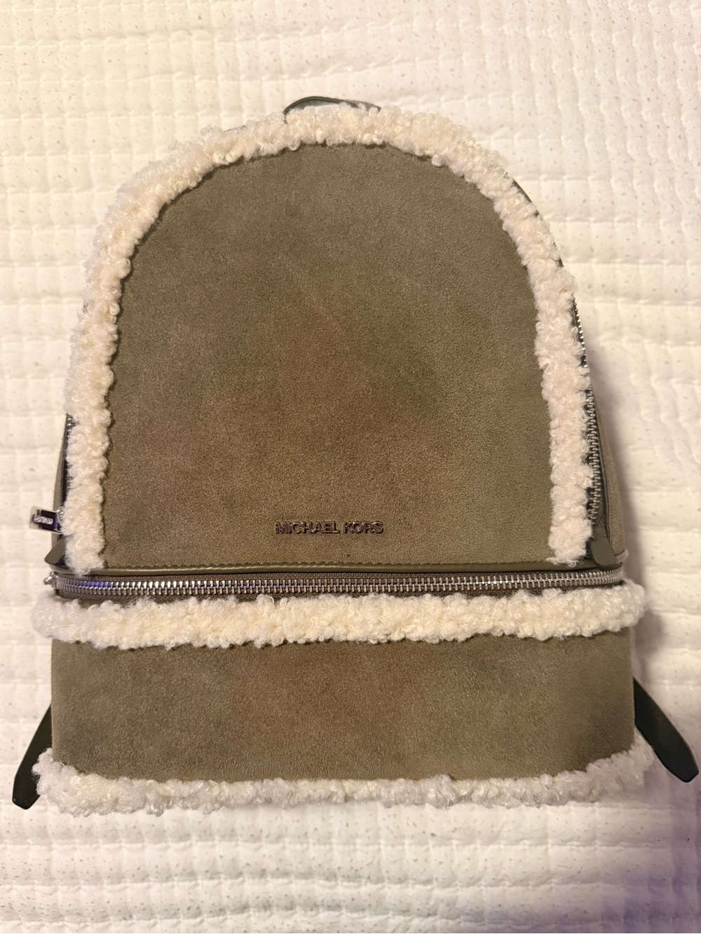 MICHAEL Michael Kors Taupe Suede Backpack with Cream Shearling Trim